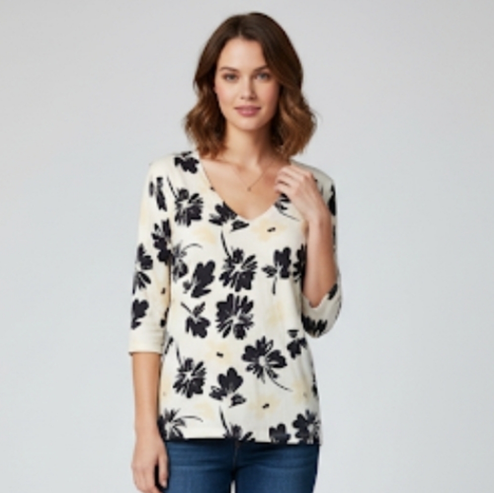 Saks Fifth Avenue Vintage Black and Cream Floral Vneck Blouse